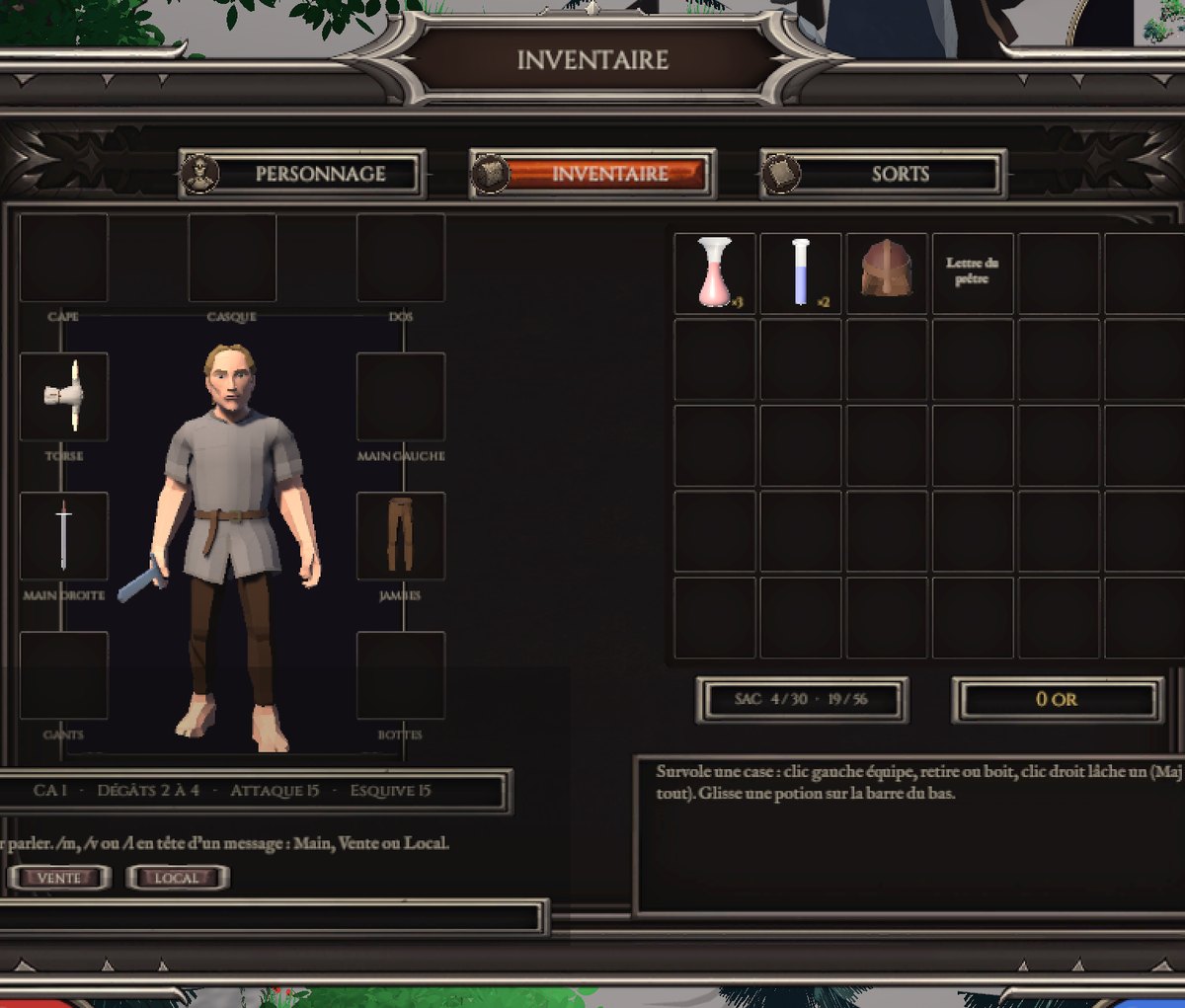 The inventory window: the character in full, the equipment slots and the bag