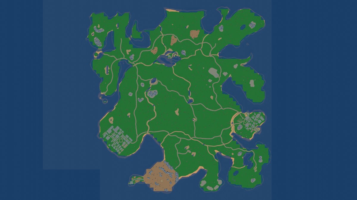 The island seen from above in the Cartographer: the shores, the forests and the buildings