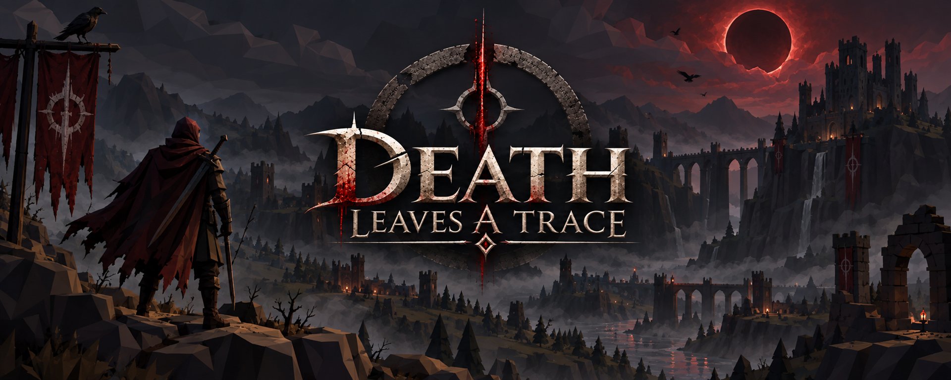 Death Leaves a Trace — a hooded traveller overlooks a valley under a blood moon